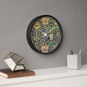 William Morris Floral Pattern Gold Turquoise Red Clock