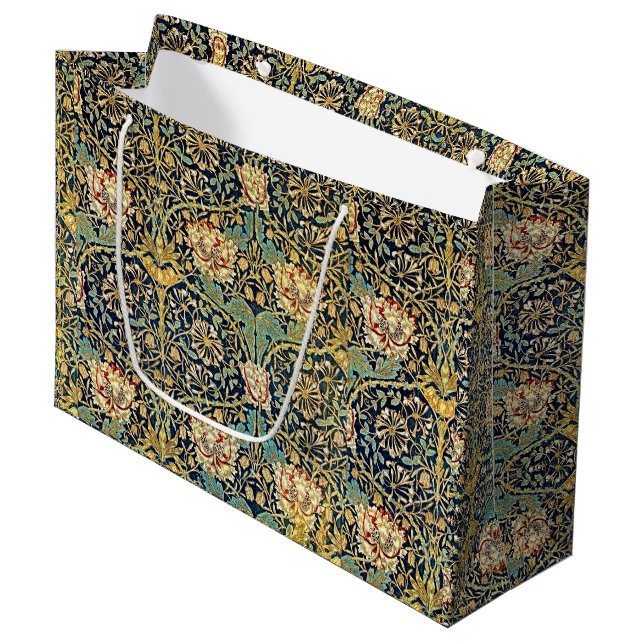 William Morris Floral Pattern Gold Turquoise Red Large Gift Bag (Front Angled)