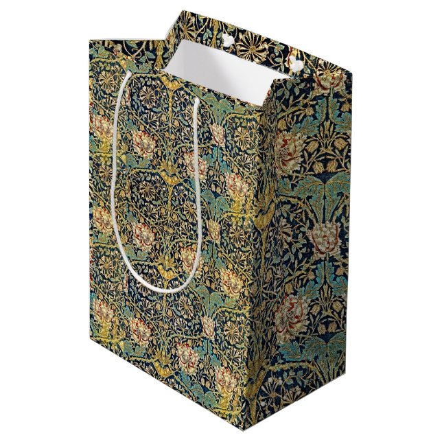 William Morris Floral Pattern Gold Turquoise Red Medium Gift Bag (Back Angled)