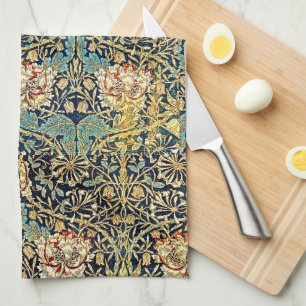William Morris Floral Pattern Gold Turquoise Red Tea Towel
