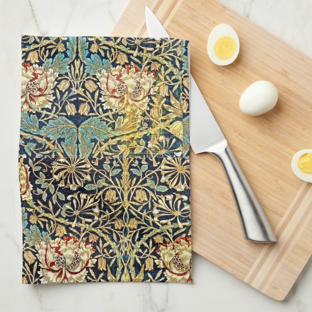 William Morris Floral Pattern Gold Turquoise Red Tea Towel (Quarter Fold)