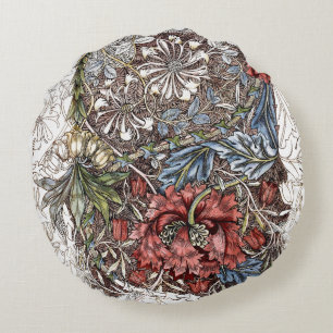 William morris flowers elegant floral illustration round cushion