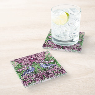 William Morris Folk Art Birds Flowers Acorns Glass Coaster