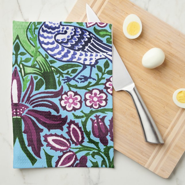 William Morris Folk Art Birds Flowers Acorns Tea Towel (Quarter Fold)