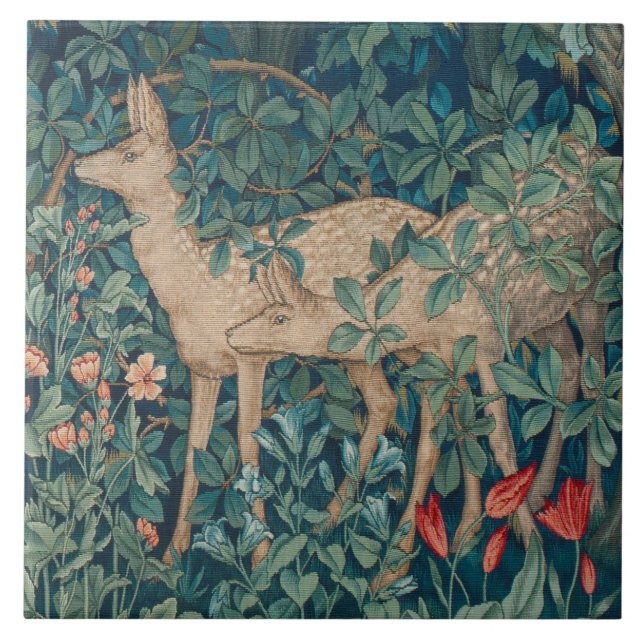 William Morris Forest Deer Floral Ceramic Tile (Front)