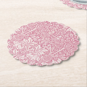 William Morris Forest Rabbit Bird Foliage Pink Paper Coaster