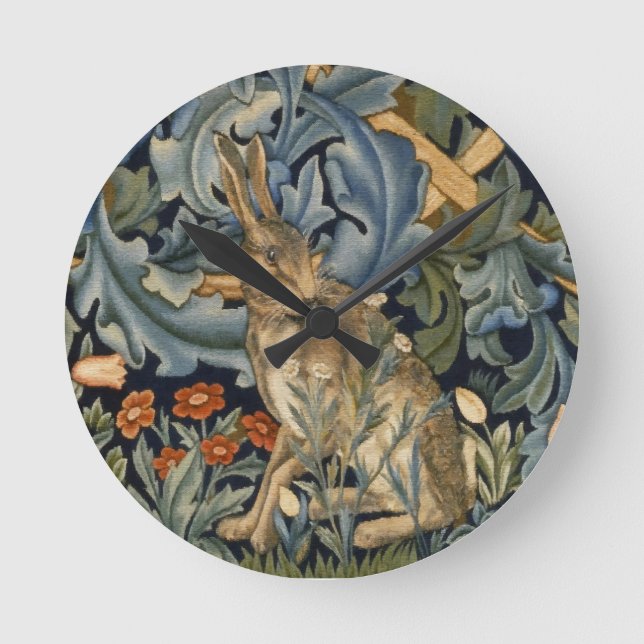 William Morris Forest Rabbit Floral Art Nouveau Round Clock (Front)