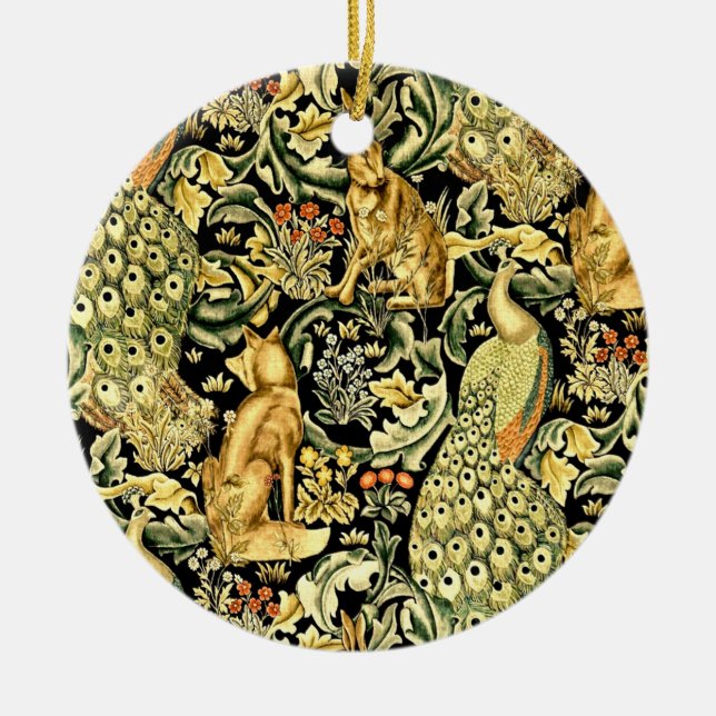 William Morris Forest Tapestry Fox Hare Peacock Ceramic Ornament (Front)