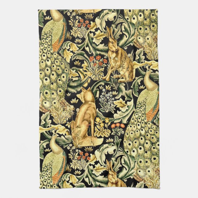 William Morris Forest Tapestry Fox Hare Peacock Tea Towel (Vertical)