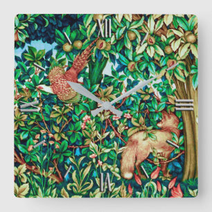 William Morris Fox and Pheasant Tapestry Print Square Wall Clock