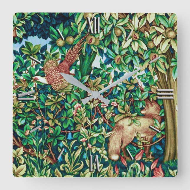William Morris Fox and Pheasant Tapestry Print Square Wall Clock (Front)