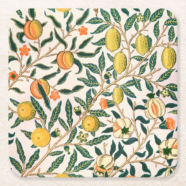 William Morris Fruit Pomegranate White Ornament Square Paper Coaster (Front)