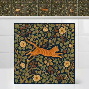 William Morris Ginger Tabby Cat Leaping Canopy Ceramic Tile