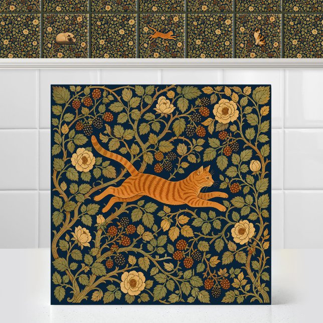 William Morris Ginger Tabby Cat Leaping Canopy Ceramic Tile (Art Nouveau Antique Pattern William Morris Orange  Tabby Cat Leaping Canopy Ceramic Tile Mural)