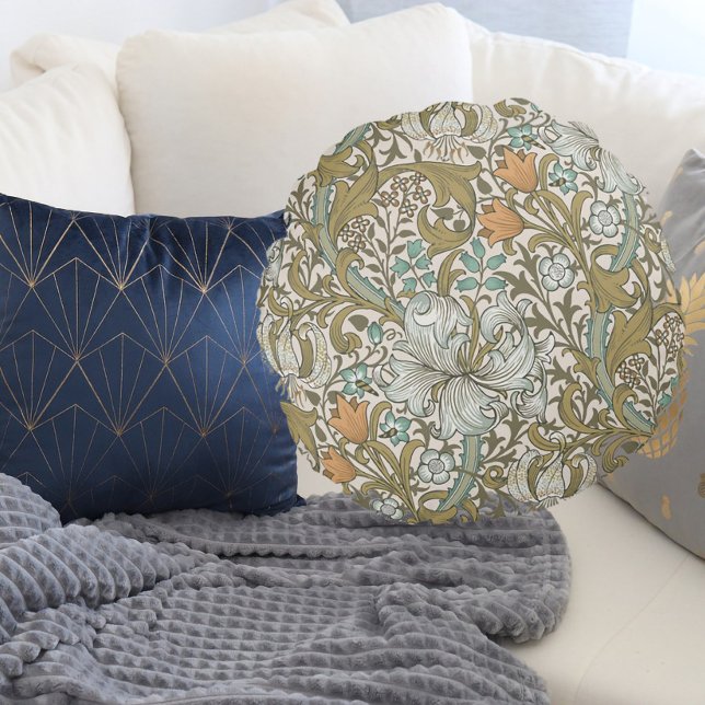 William Morris Golden Lily Blue Gold Classic Round Cushion (Creator Uploaded)