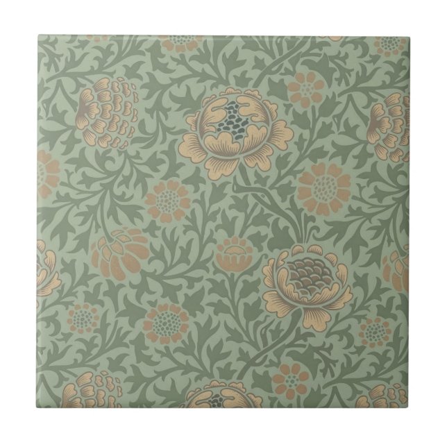 William Morris Grafton Floral Pattern Sage Green  Ceramic Tile (Front)