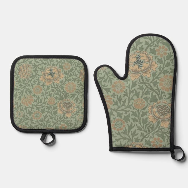 William Morris Grafton Floral Pattern Sage Green  Oven Mitt & Pot Holder Set (Front)