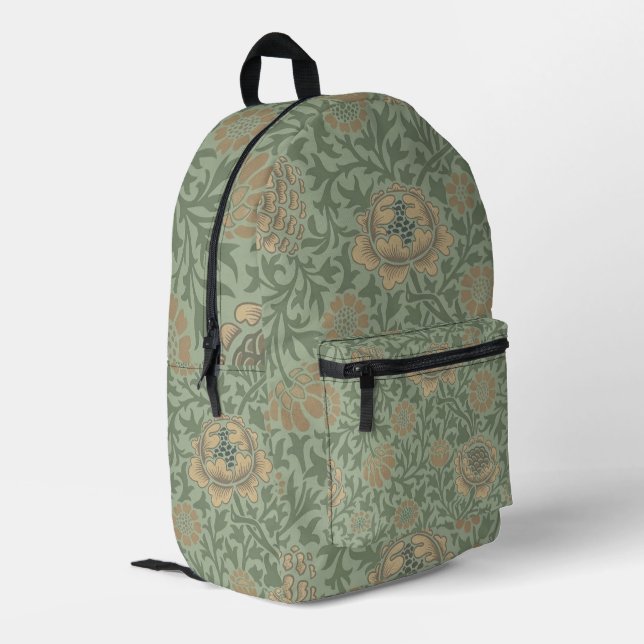 William Morris Grafton Floral Pattern Sage Green  Printed Backpack (Back Corner Left)