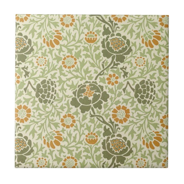 William Morris Grafton Sage Green Floral Pattern Ceramic Tile (Front)