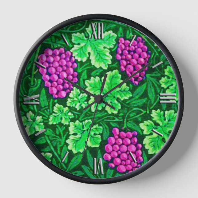 William Morris Grapevine, Magenta and Green Wall Clock (Front)