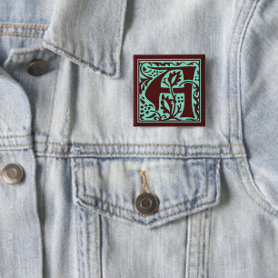 William Morris Green Dark Red Monogram Arts Crafts 15 Cm Square Badge