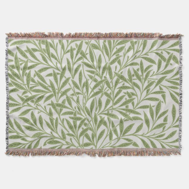 William Morris Green Floral Botanical Pattern Throw Blanket (Front)