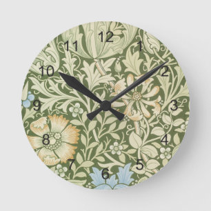 William Morris Green Floral Wallpaper Design Round Clock