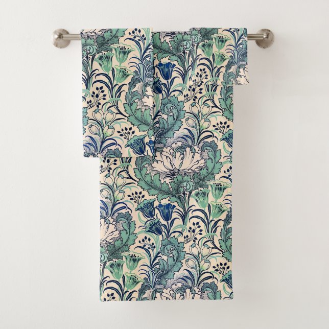 William Morris Green Teal Cream Floral Pattern  Bath Towel Set (Insitu)