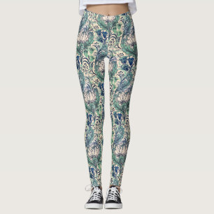 William Morris Green Teal Cream Floral Pattern  Leggings