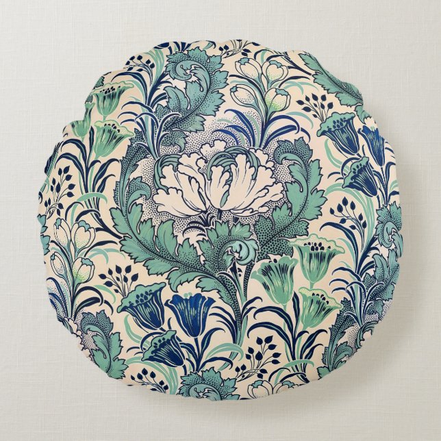William Morris Green Teal Cream Floral Pattern  Round Cushion (Front)