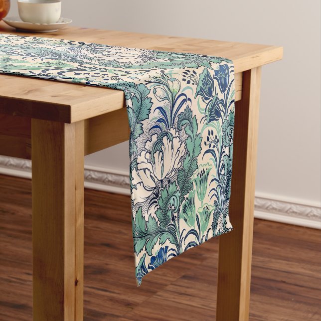 William Morris Green Teal Cream Floral Pattern  Short Table Runner (In Situ)
