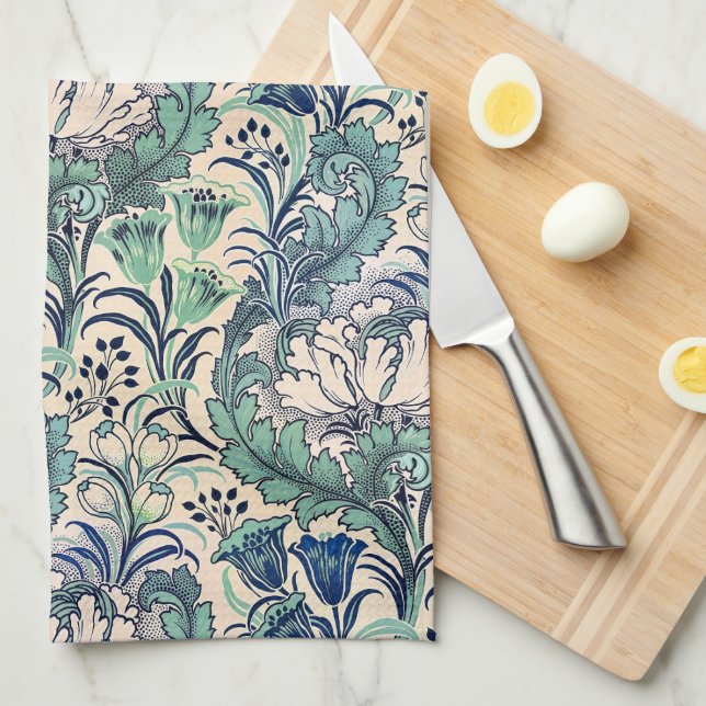 William Morris Green Teal Cream Floral Pattern  Tea Towel (Quarter Fold)