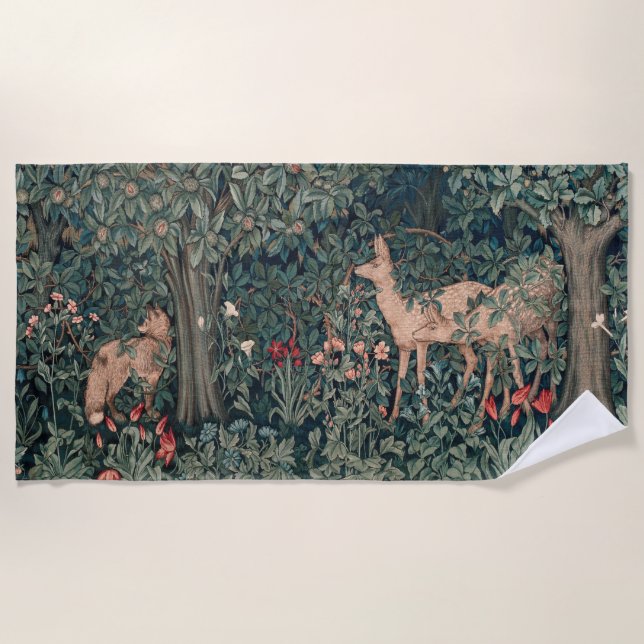 William Morris Greenery Fox Wildlife  Beach Towel (Front)