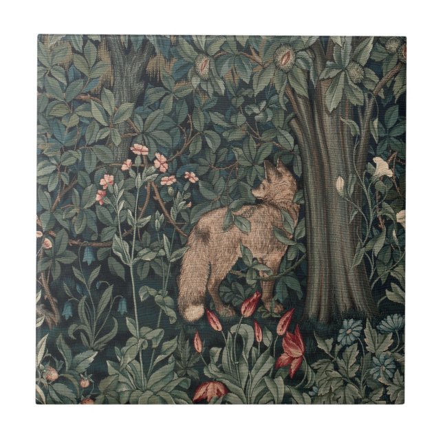William Morris Greenery Fox Wildlife  Ceramic Tile (Front)