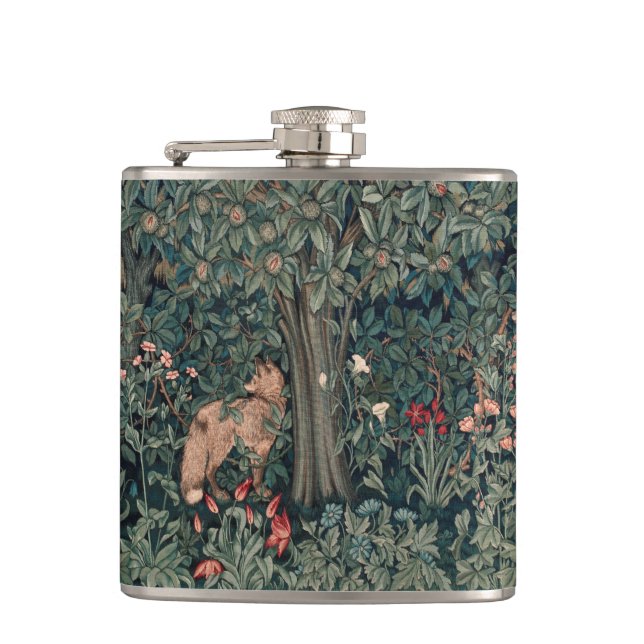 William Morris Greenery Fox Wildlife  Hip Flask (Front)