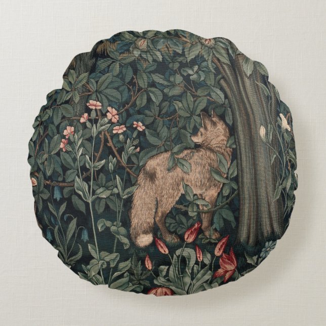 William Morris Greenery Fox Wildlife  Round Cushion (Front)
