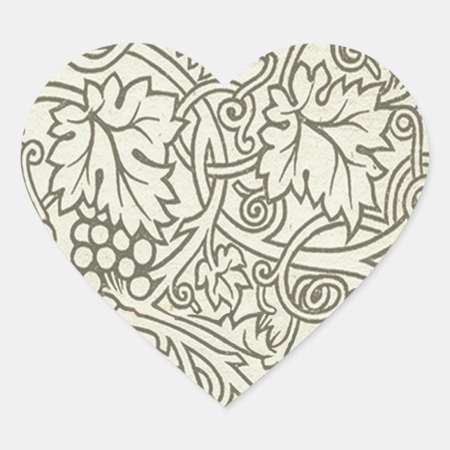William Morris grey green Grape Vine Pattern Heart Sticker (Front)