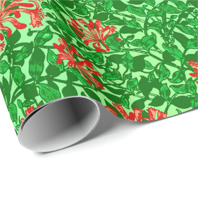 William Morris Honeysuckle, Coral Red and Green Wrapping Paper (Roll Corner)