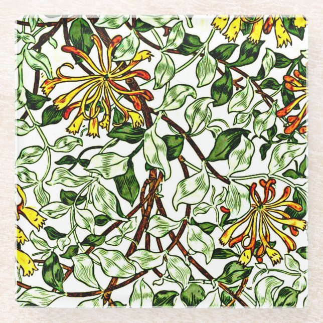 William Morris - Honeysuckle green and yellow-gold Glass Coaster (Front)