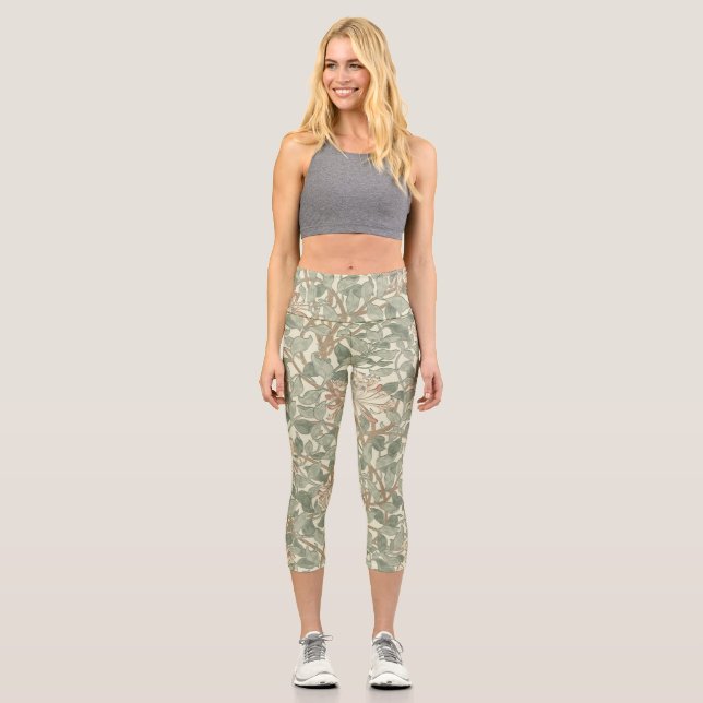 William Morris Honeysuckle Green Floral Capri Leggings (Front)