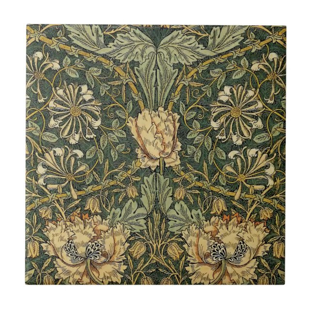William Morris Honeysuckle Green Floral Ceramic Tile (Front)