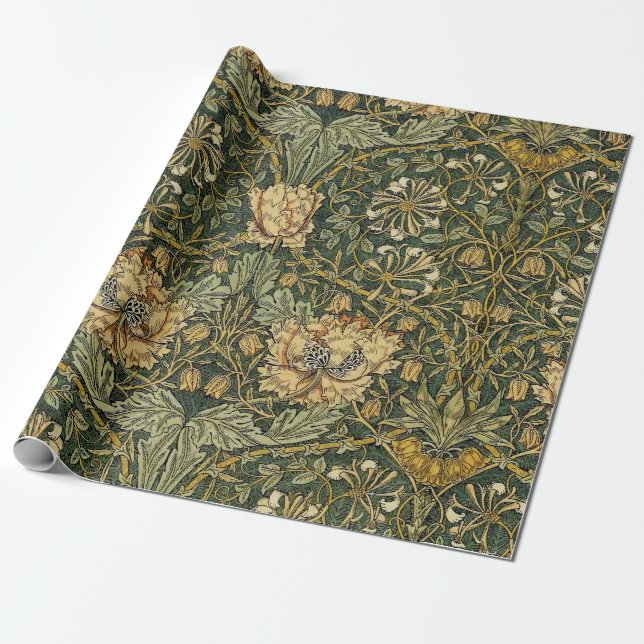 William Morris Honeysuckle Green Floral Wrapping Paper (Unrolled)