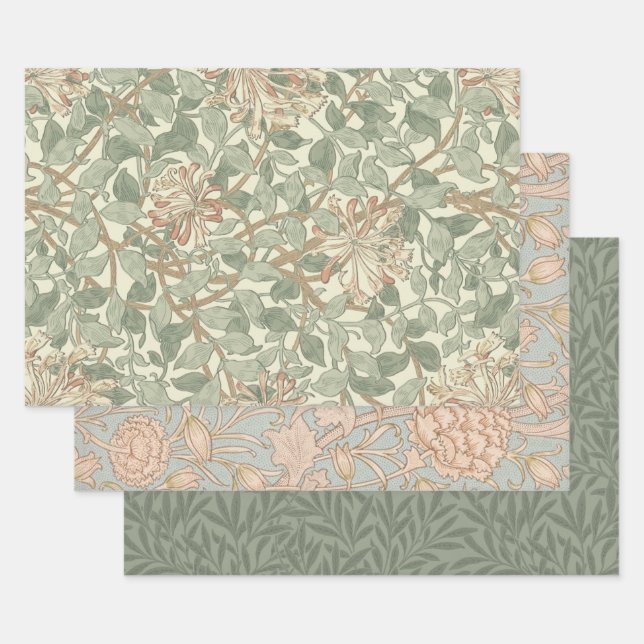 William Morris Honeysuckle Green Floral Wrapping Paper Sheet (Set)