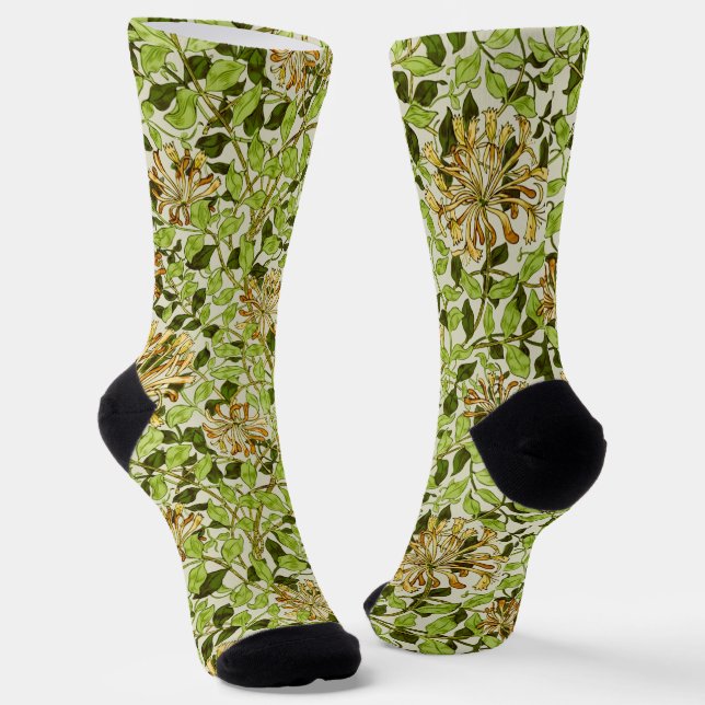 William Morris Honeysuckle Green Flowers Socks (Angled)