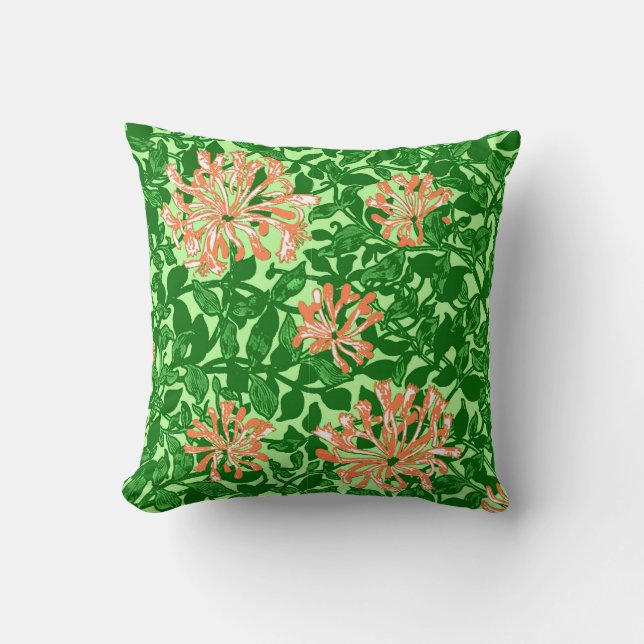 William Morris Honeysuckle, Peach and Green Cushion (Front)