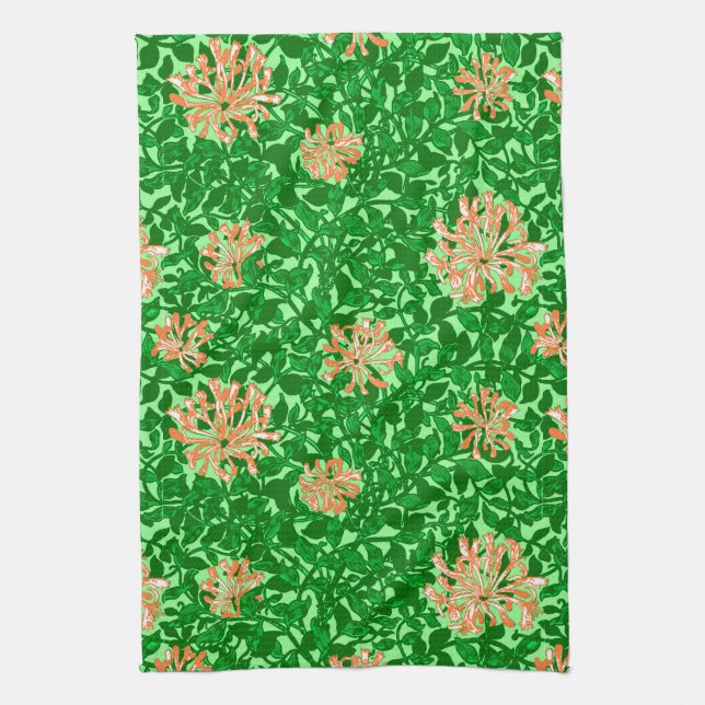 William Morris Honeysuckle, Peach and Green Tea Towel (Vertical)