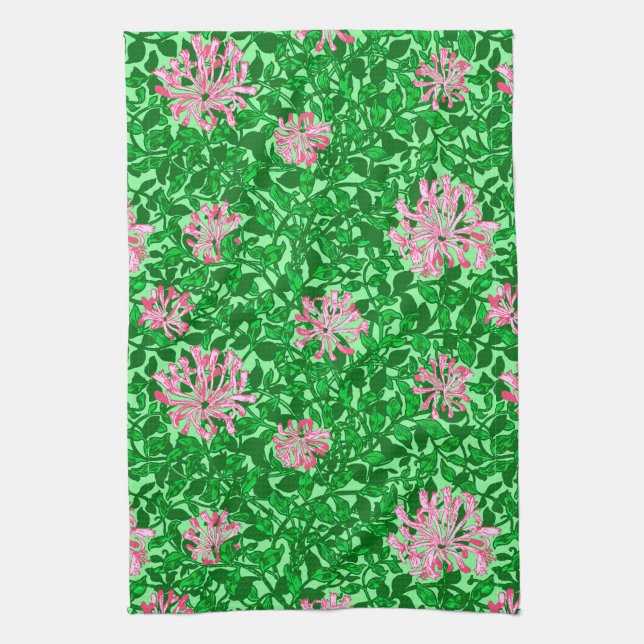 William Morris Honeysuckle, Pink and Green Tea Towel (Vertical)