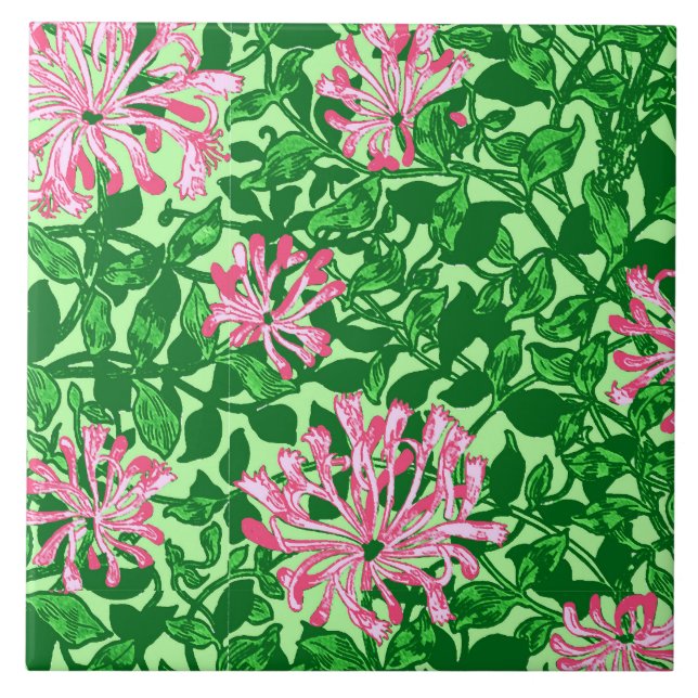 William Morris Honeysuckle, Pink and Green Tile (Front)