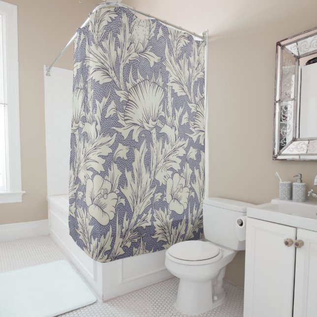 William Morris Horn Poppy Classic Floral Shower Curtain (In Situ)