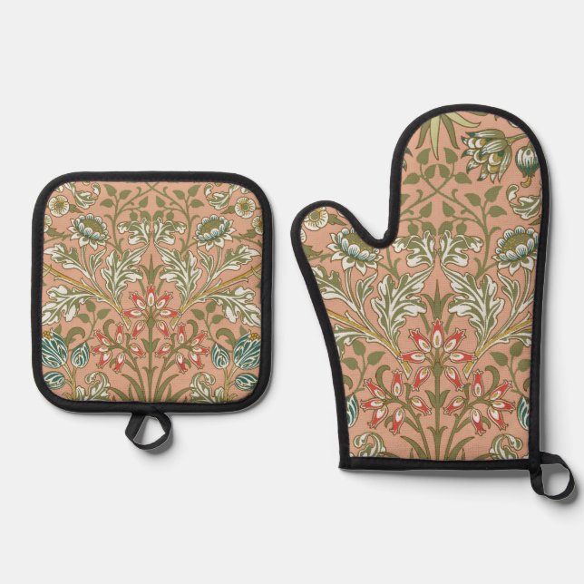 William Morris Hyacinth Flower Rose Art Oven Mitt & Pot Holder Set (Front)